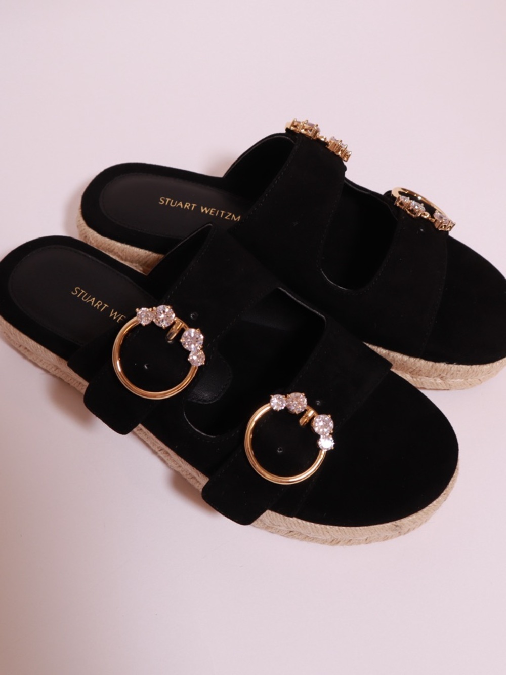 Stuart Weitzman Crystal Espadrille Flat Sandals Black Suede size 5